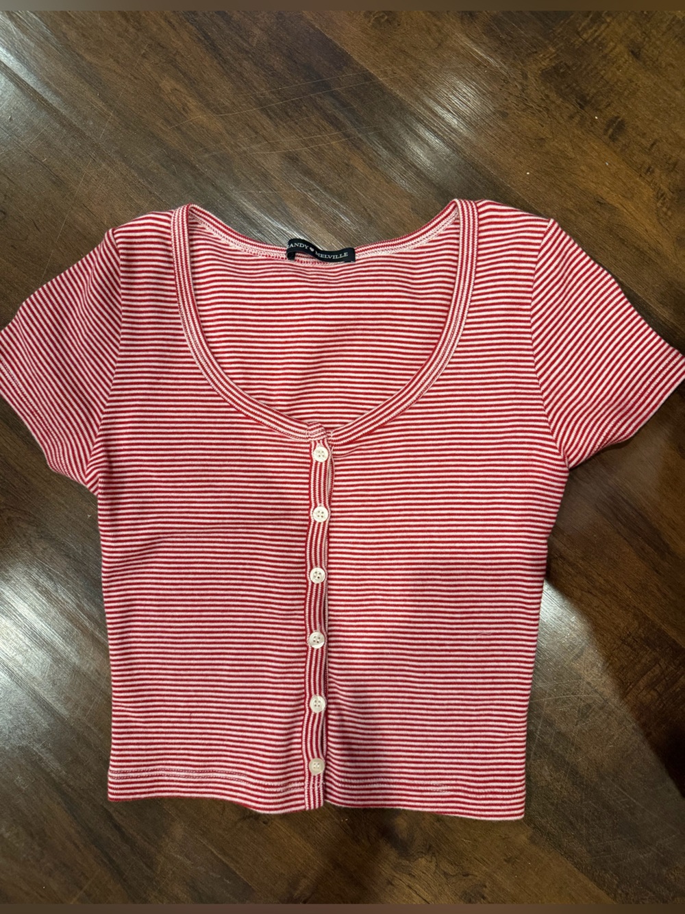 Brandy Melville Red and White Striped Short-Sleeve Button-Front Top